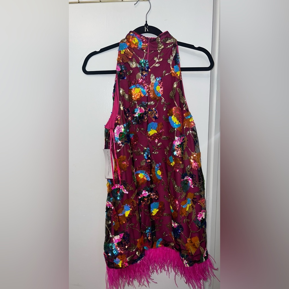 Halter Sequin Mini Dress with Feather Hem - Magenta - Picture 3 of 7
